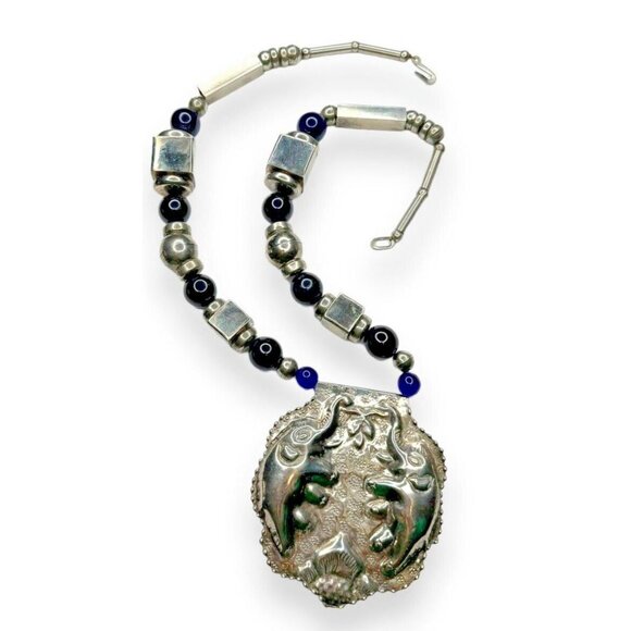 Vintage Tribal Silver Tone Statement Necklace Elephant Pendant Blue Beads 28in - Picture 1 of 12